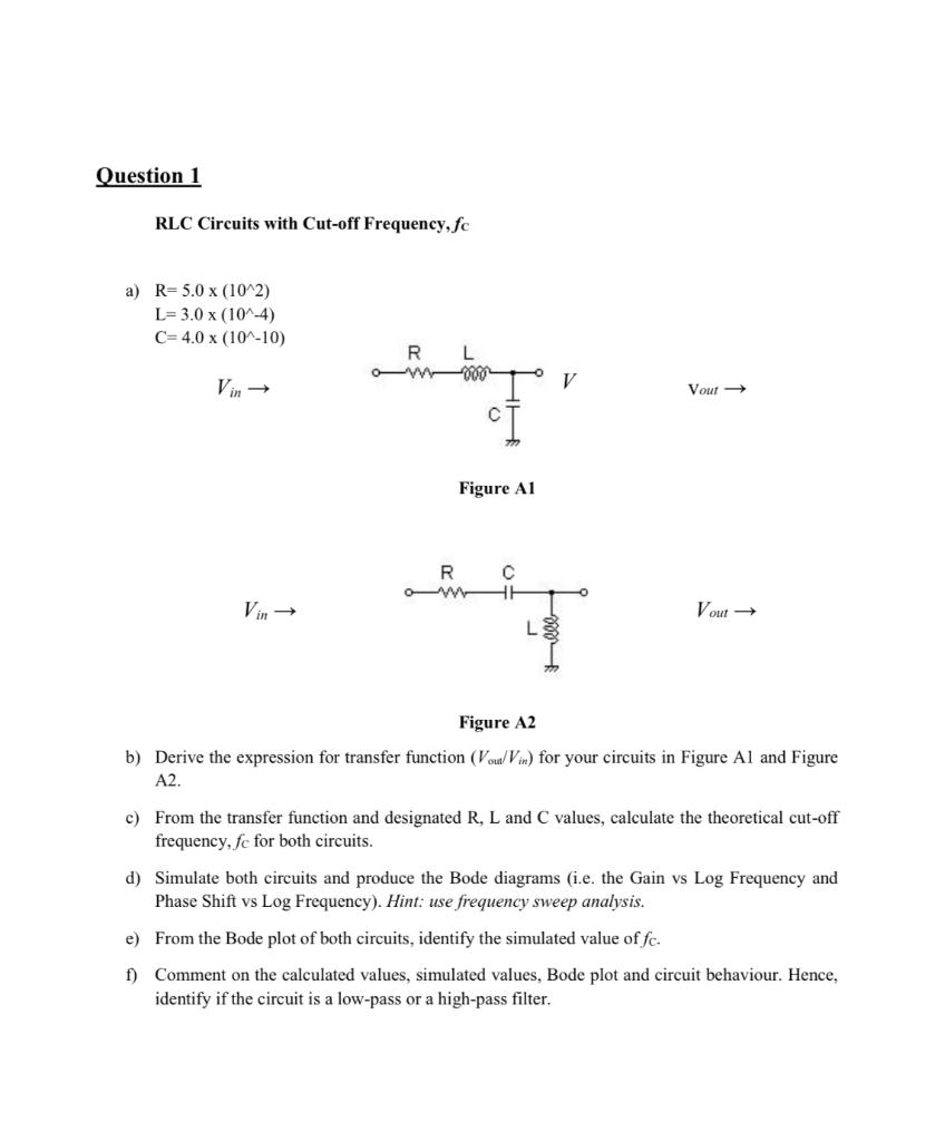 Solved Question 1 RLC Circuits with Cut-off Frequency, fc a) | Chegg.com