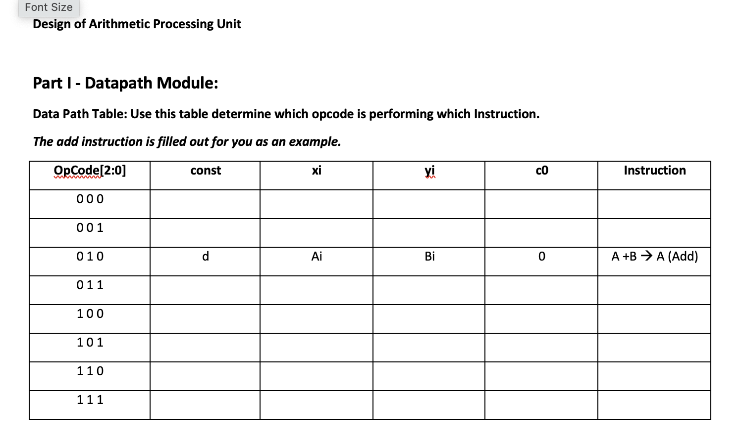 Solved Part I - Datapath Module: Data Path Table: Use this | Chegg.com