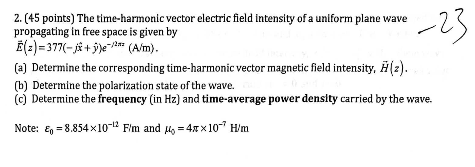 Solved 2 45 Points The Time Harmonic Vector Electric Fi Chegg Com