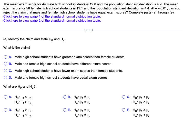 Solved The mean exam score for 44 male high school students | Chegg.com