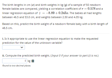 Solved The birth lengths in cm(x) and birth weights in kg(y) | Chegg.com