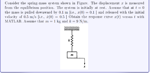 Consider the spring-mass system shown in Figure. The displacement \( x \) is measured from the equilibrium position. The syst