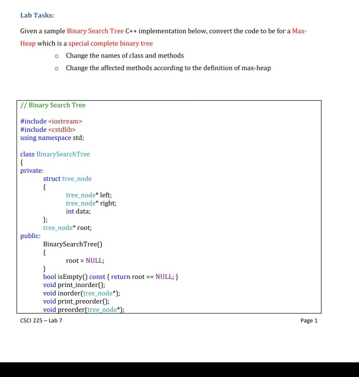 Lab Tasks: Given a sample Binary Search Tree C++ | Chegg.com