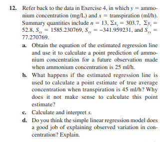 Solved 12. Refer back to the data in Exercise 4, in which y | Chegg.com