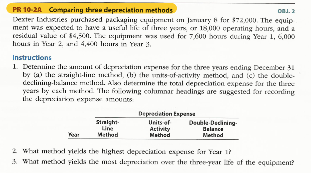 Solved OBJ. 2 PR 10-2A Comparing three depreciation methods | Chegg.com