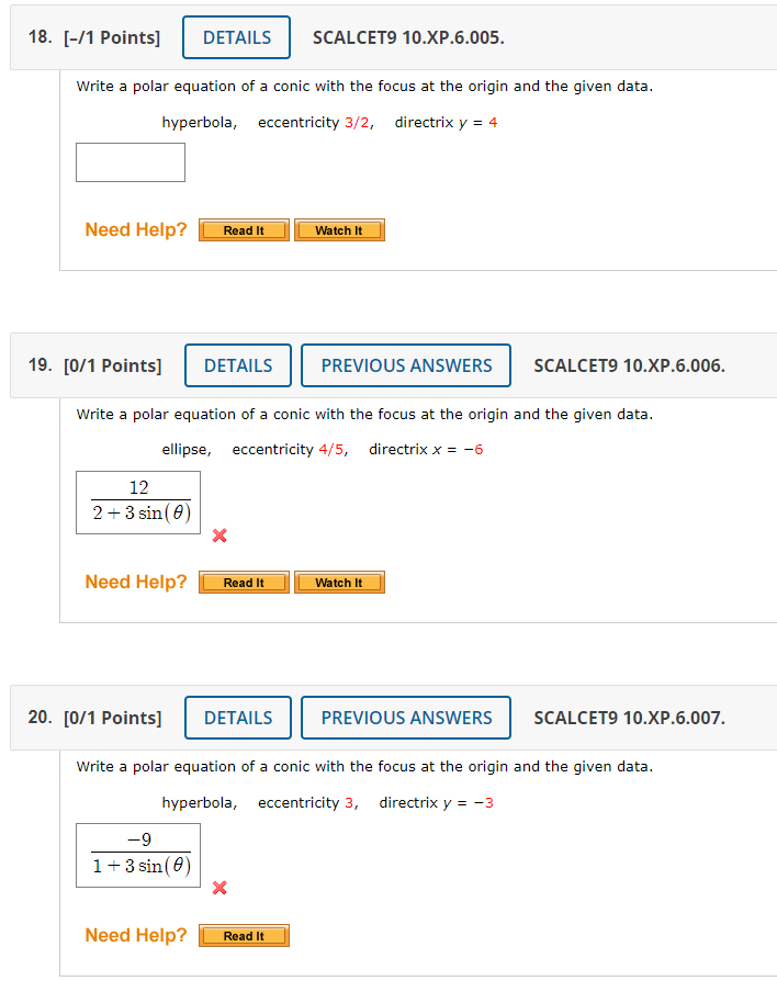 Write a polar equation of a conic with the focus at the origin and the given data. hyperbola, eccentricity \( 3 / 2 \), direc