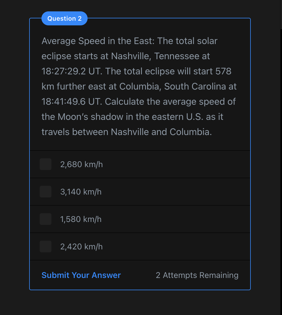 Solved Average Speed in the East: The total solar eclipse | Chegg.com