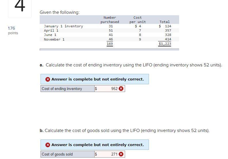 Solved 4 Given the following: 1.76 points January 1 | Chegg.com