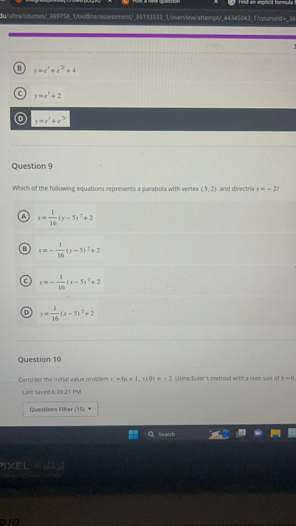 Solved (B) y=e2+e2x+4 (C) y=et+2 (D) y=et+e2t Question 9 | Chegg.com