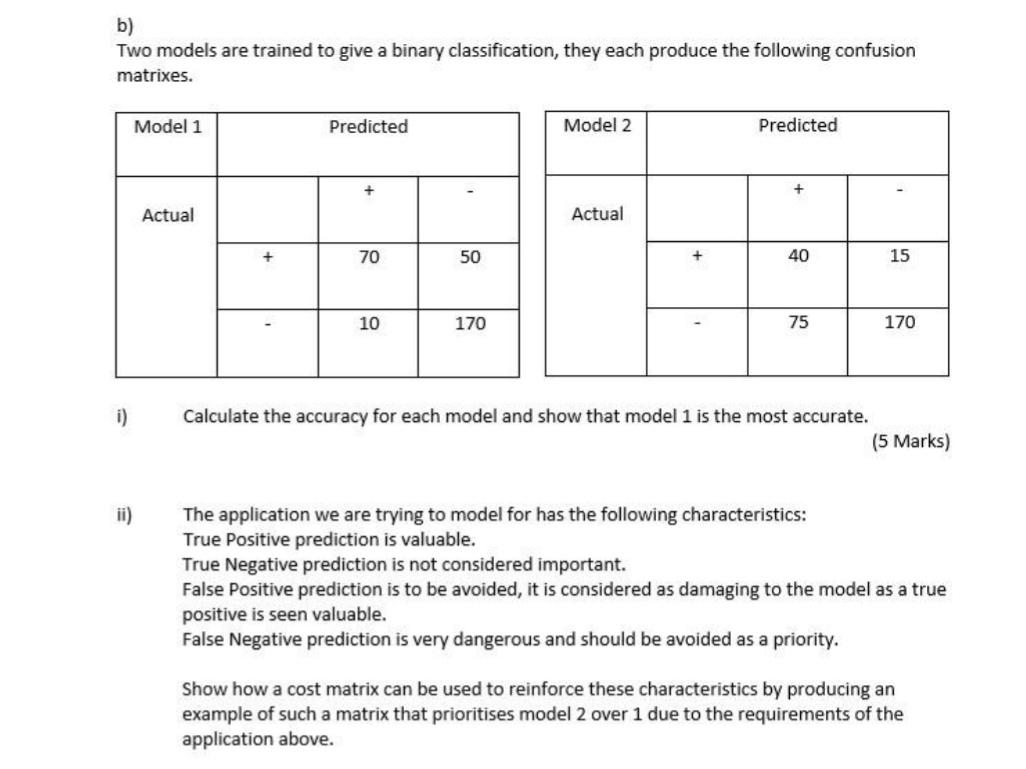 Solved b) Two models are trained to give a binary | Chegg.com