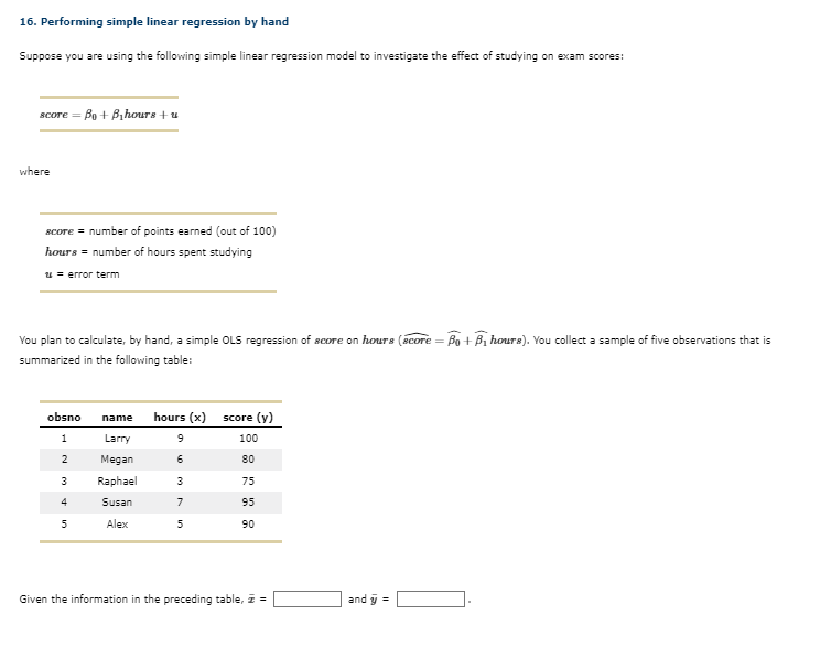 Solved 16. Performing simple linear regression by hand | Chegg.com