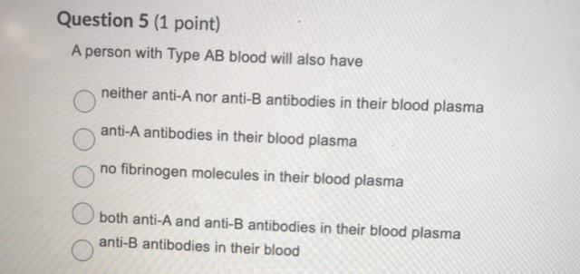 Solved Question 5 (1 point) A person with Type AB blood will | Chegg.com