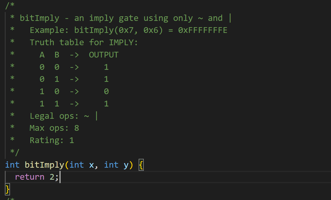Solved /* * bitImply - an imply gate using only ~ and | | Chegg.com