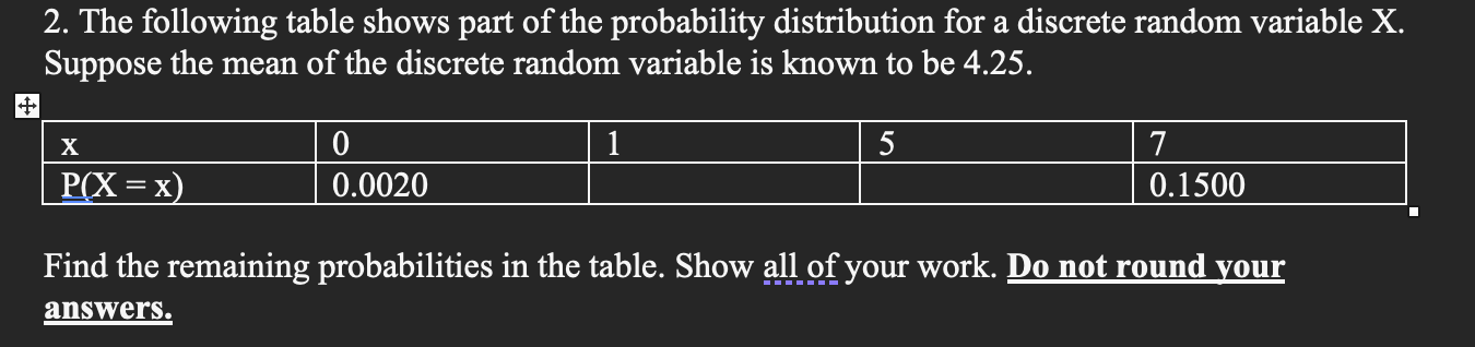 Solved 2. The following table shows part of the probability | Chegg.com
