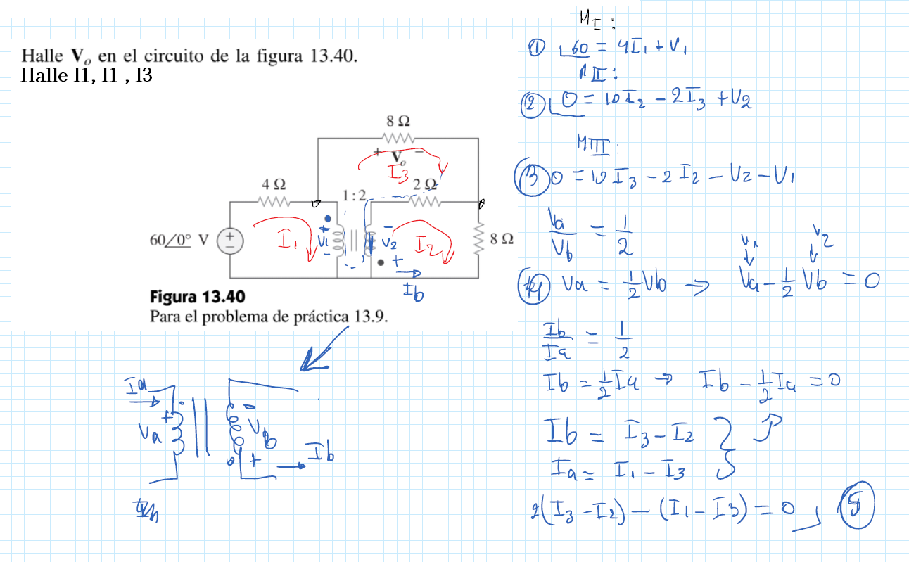 MI: Halle \( \mathbf{V}_{o} \) en el circuito de la figura 13.40. (1) \( \lcm{60}=4 I_{1}+V_{1} \) Halle I1, I1 , I3 (2) \( U