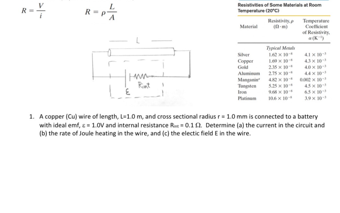 R=iV R=ρAL Resistivities of Some Materials at Room | Chegg.com