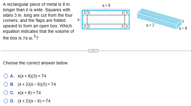Solved A rectangular piece of metal is 8 in. longer than it | Chegg.com