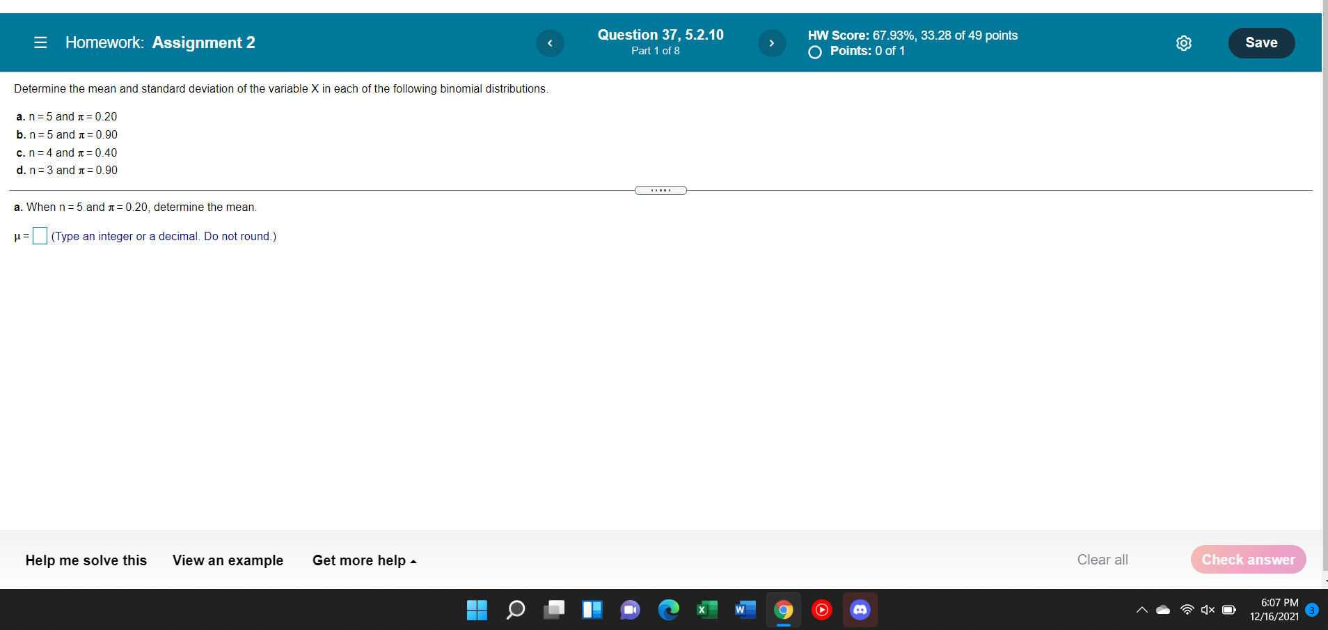 Solved = Homework: Assignment 2 Question 37, 5.2.10 Part 1 | Chegg.com