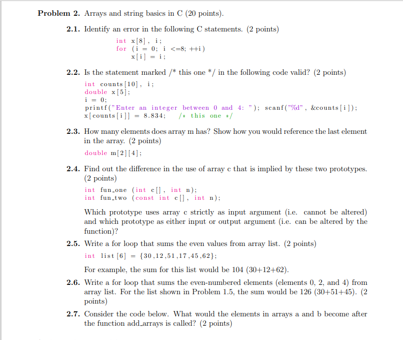 Solved lem 2. Arrays and string basics in C (20 points). | Chegg.com