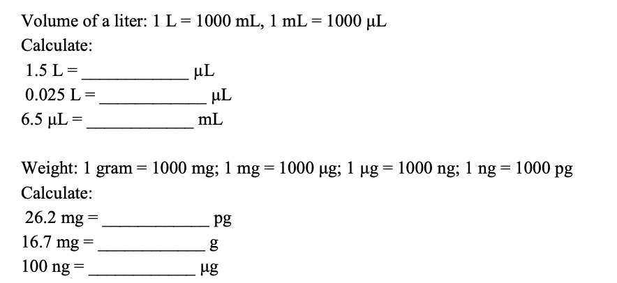 Solved 1000 Ul Volume Of A Liter 1 L 1000 Ml 1 Ml Chegg Com