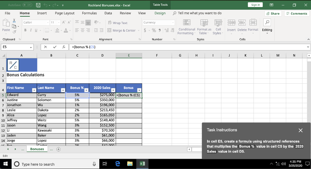 Solved AutoSave a OH Rockland Bonuses.xlsx Excel Table