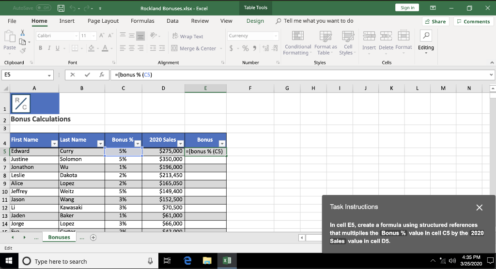 Solved AutoSave a OH Rockland Bonuses.xlsx - Excel Table | Chegg.com