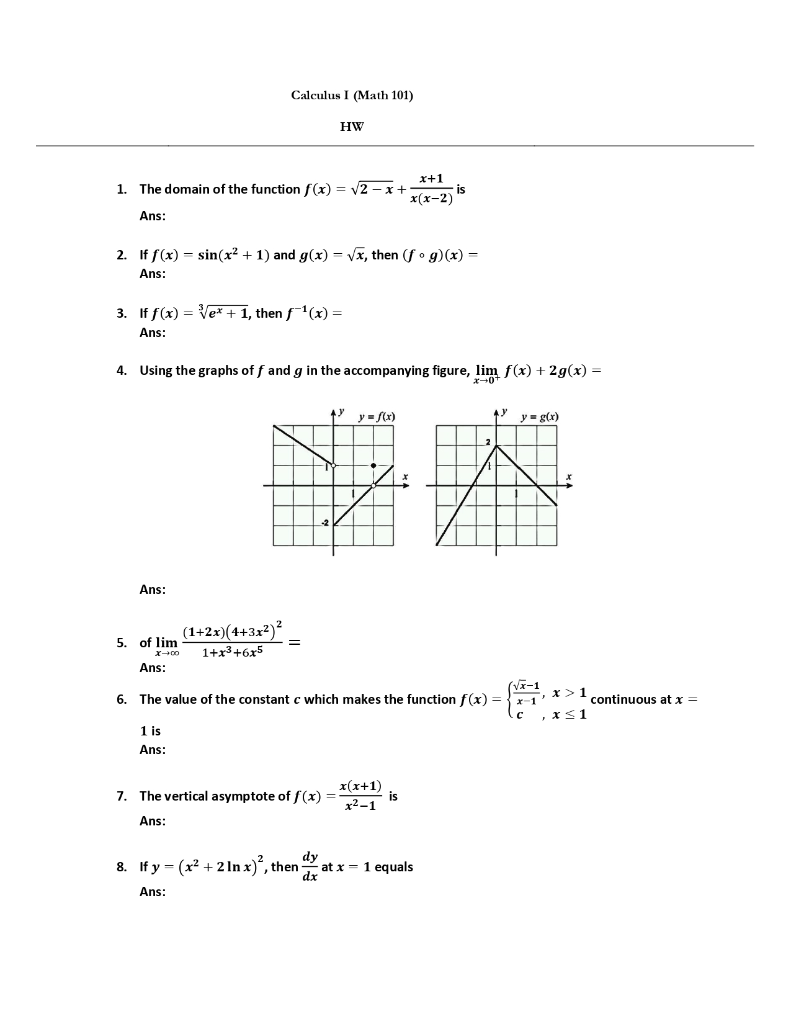 Solved Calculus I Math 101 Hw X 1 1 The Domain Of The Chegg Com