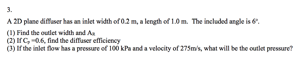 Solved A 2D plane diffuser has an inlet width of 0.2 m, a | Chegg.com
