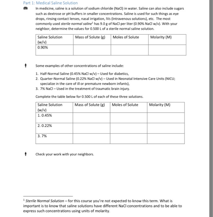 Solved Part 1: Medical Saline Solution 