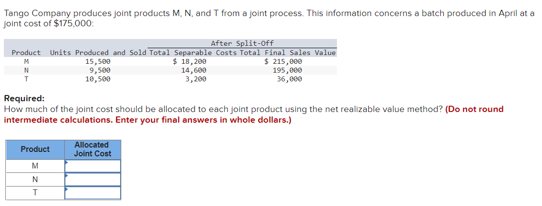 Solved Tango Company produces joint products M, N, and T | Chegg.com