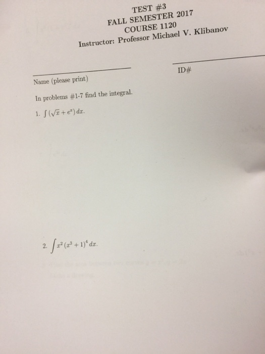 Solved TEST #3 FALL SEMESTER 2017 COURSE 1120 Instructor: | Chegg.com