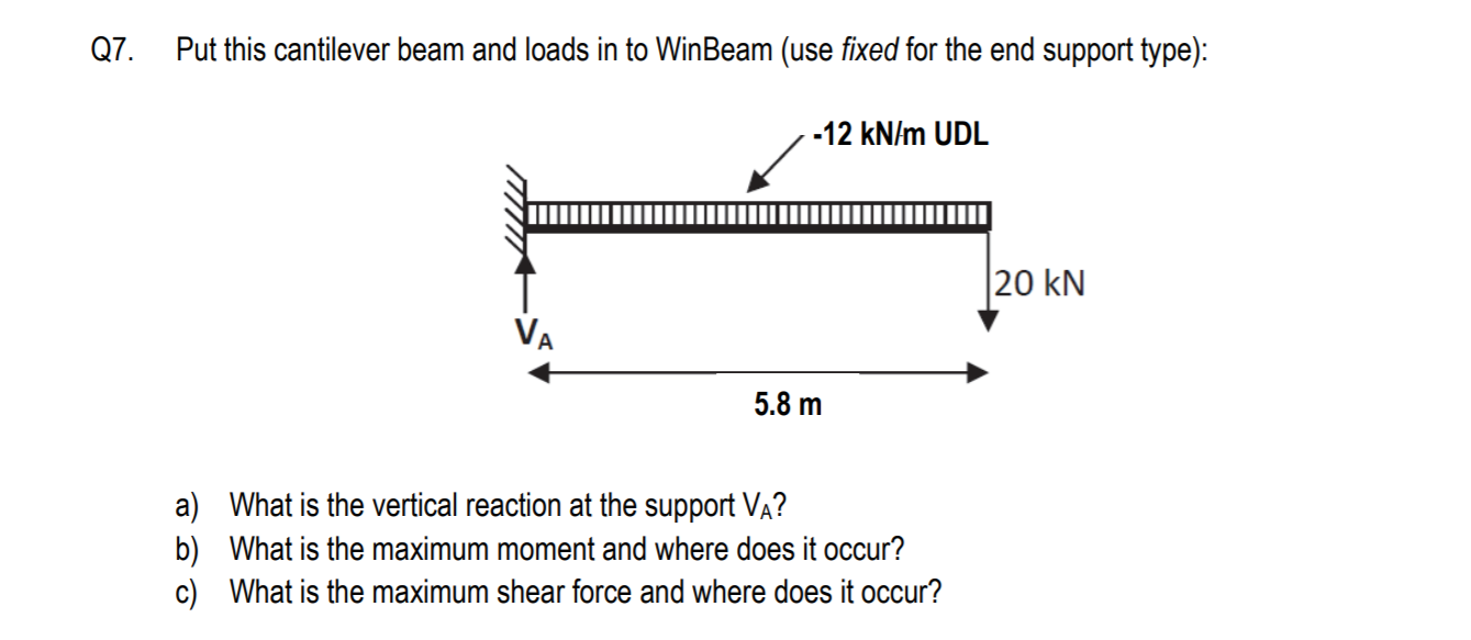 Solved Q7. Put this cantilever beam and loads in to WinBeam | Chegg.com