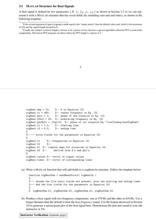 Solved 3.1 MATLAB Structure for Beat Signals A beat signal | Chegg.com