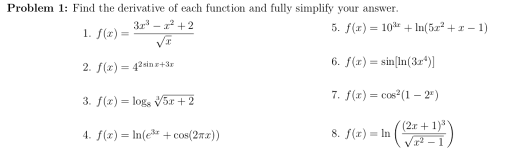 Solved Problem 1: Find the derivative of each function and | Chegg.com