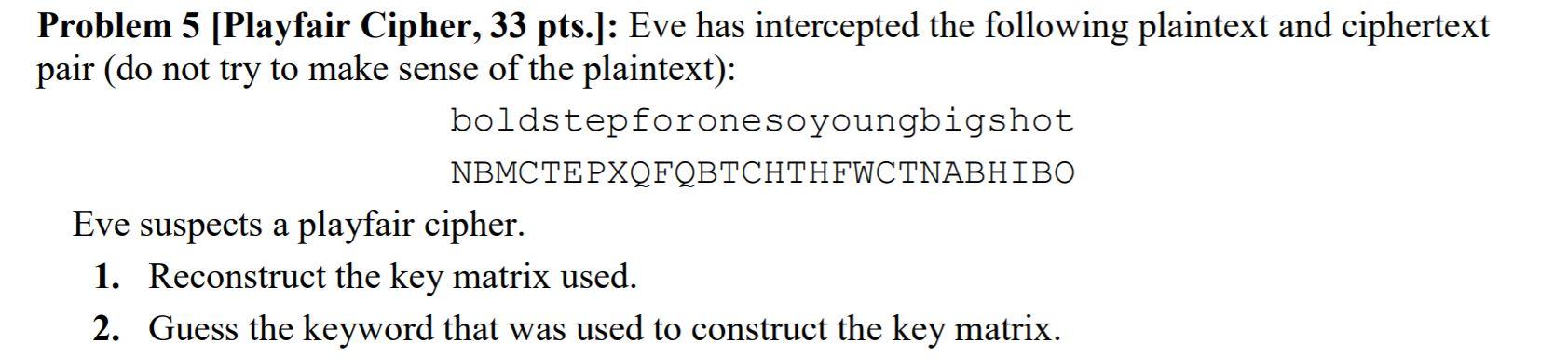Solved Problem 5 [Playfair Cipher, 33 pts.]: Eve has | Chegg.com