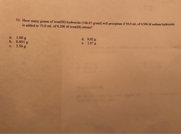 Solved 33. How many grams of iron(II) hydroxide (106.87
