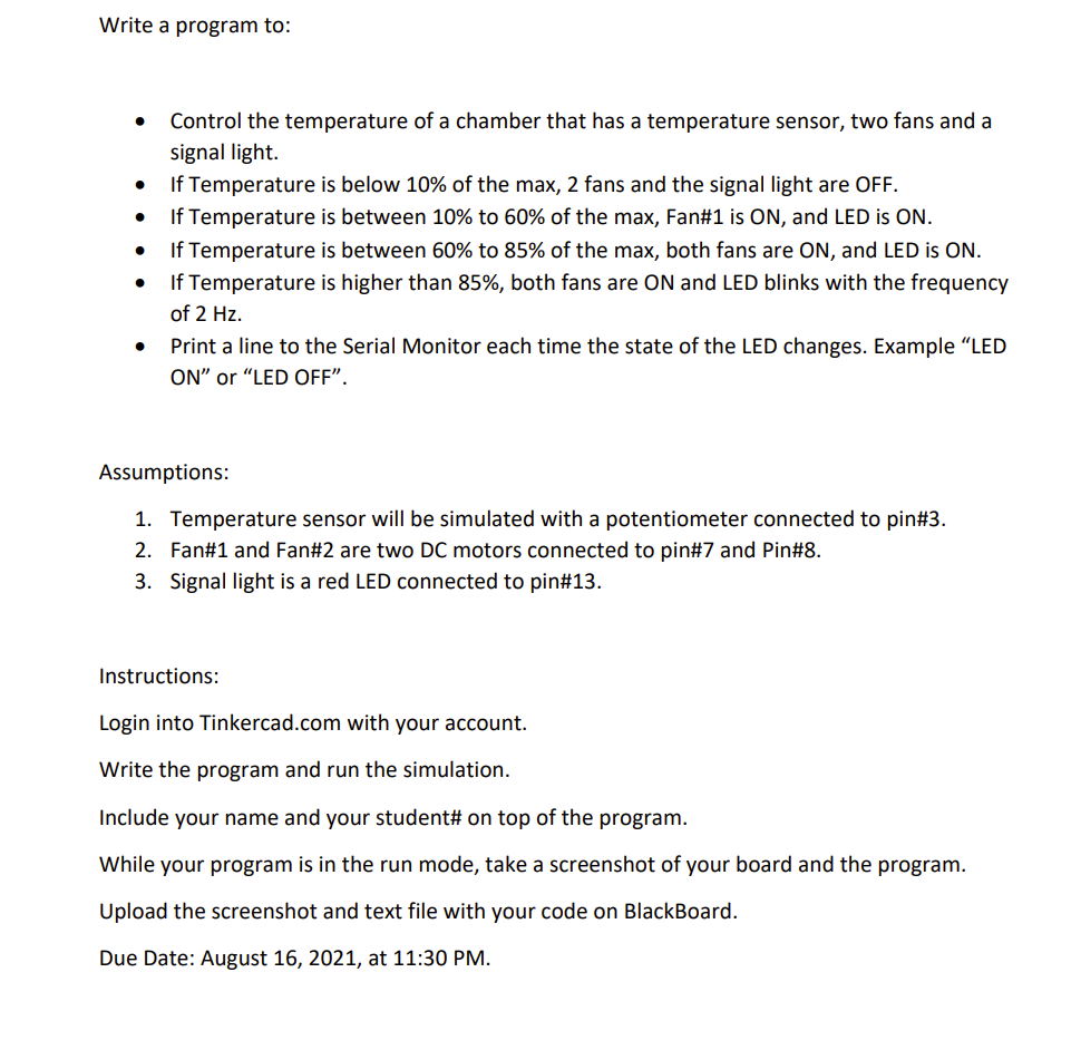 Solved Write a program to: . . . . Control the temperature | Chegg.com