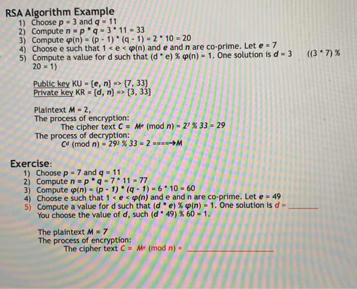 Solved Rsa Algorithm Example 1 Choose P 3 And Q 11 2 Co Chegg Com