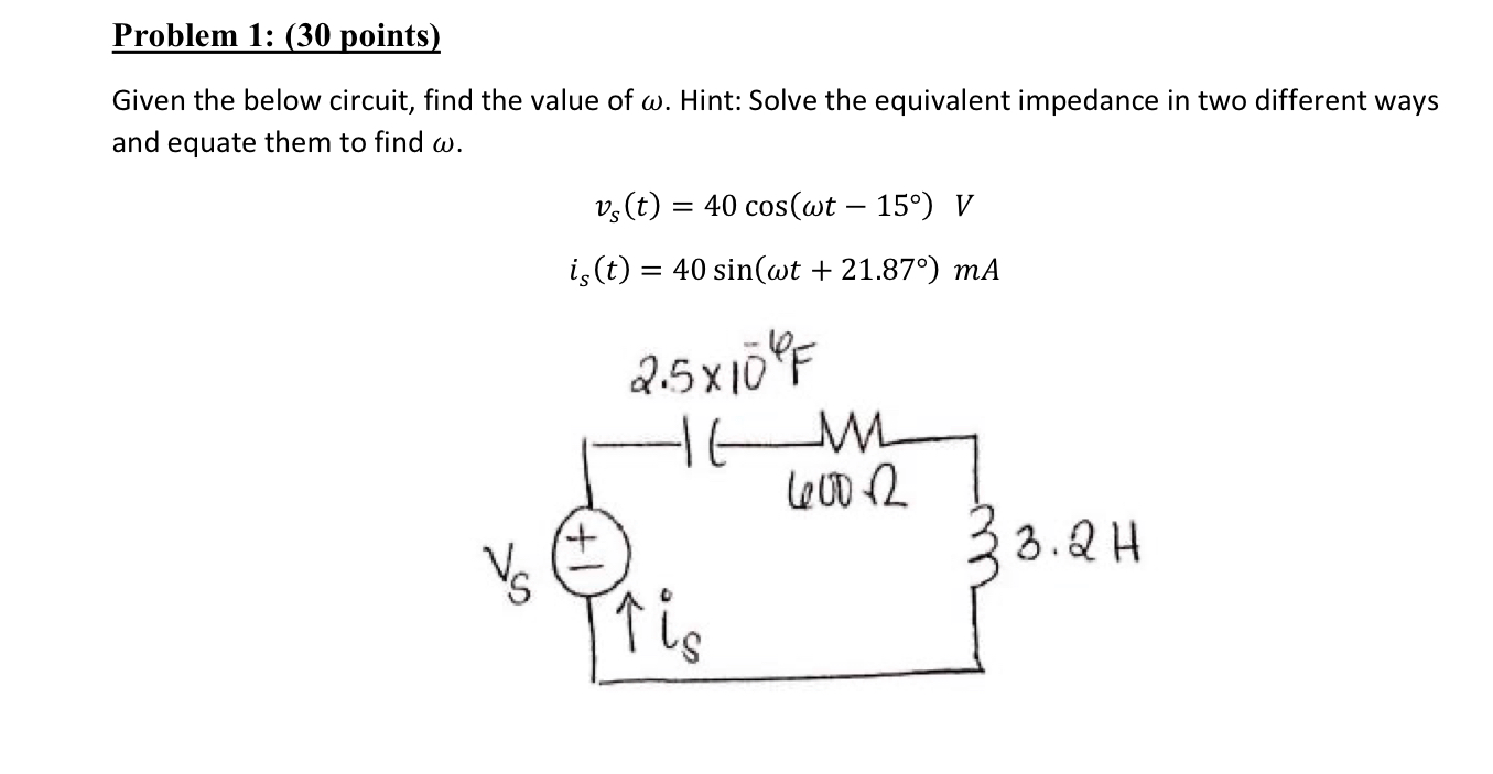 Solved Problem 1: (30 Points) Given The Below Circuit, Find | Chegg.com