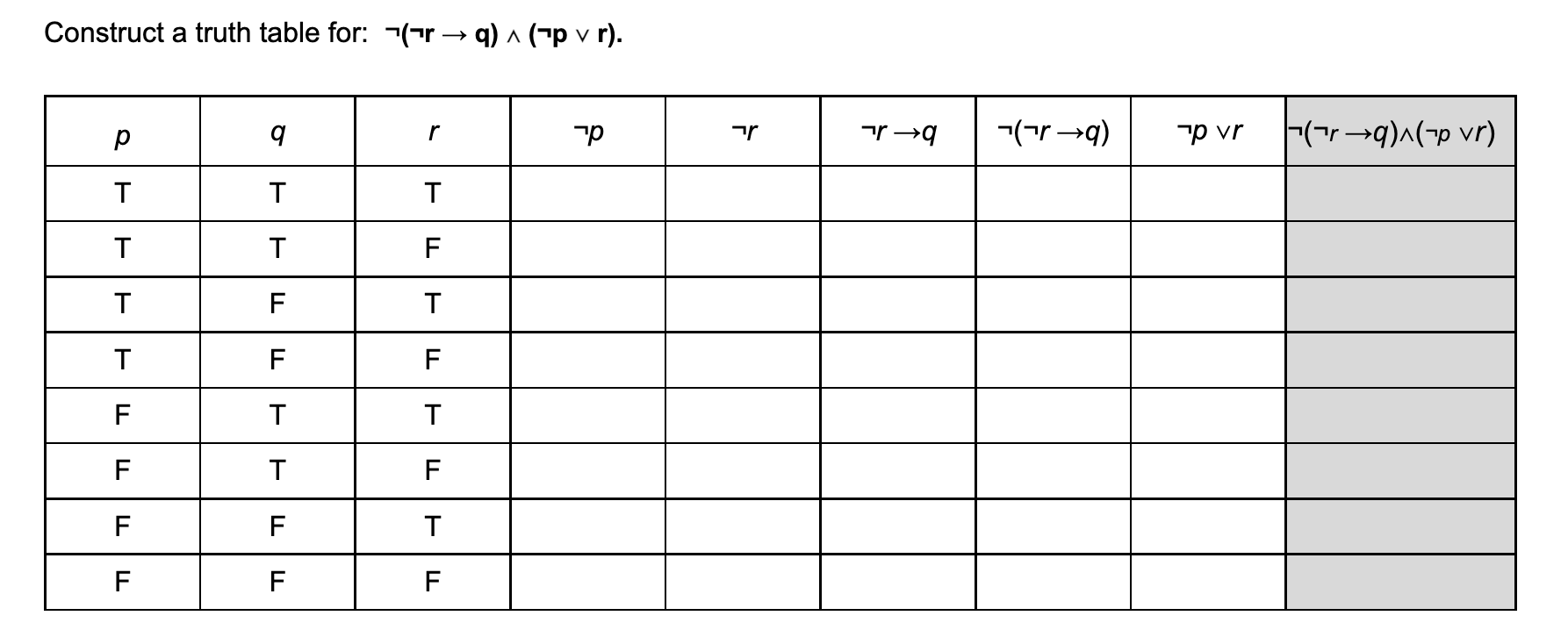 Solved Construct a truth table for: ¬(¬r→q)∧(¬p∨r). | Chegg.com