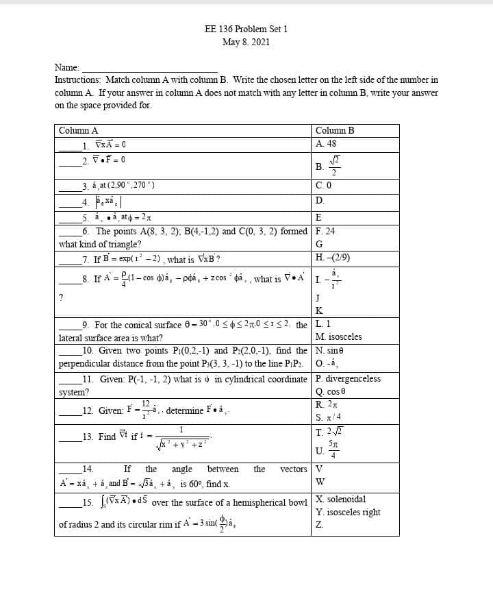 Ee 136 Problem Set 1 May 8 21 Name Instruction Chegg Com