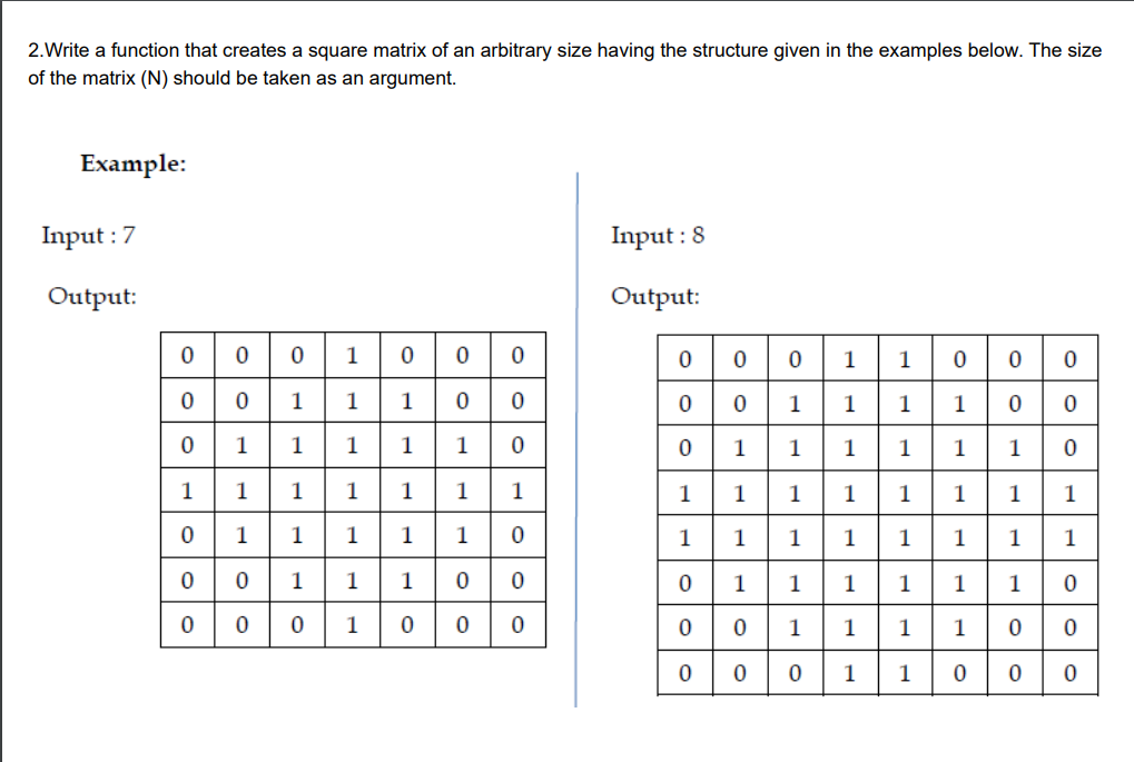 Solved 2.Write a function that creates a square matrix of an | Chegg.com