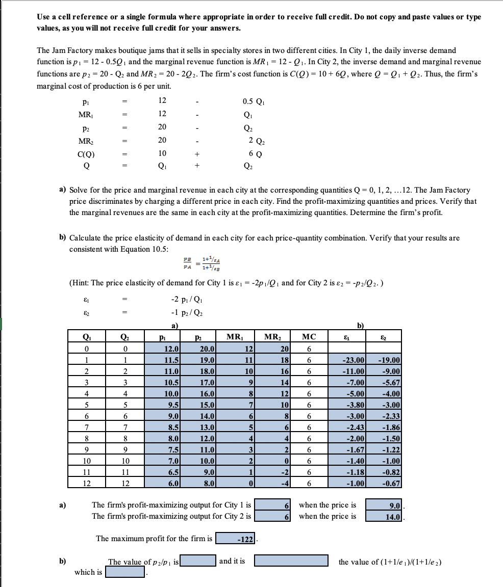 Use a cell reference or a single formula where | Chegg.com