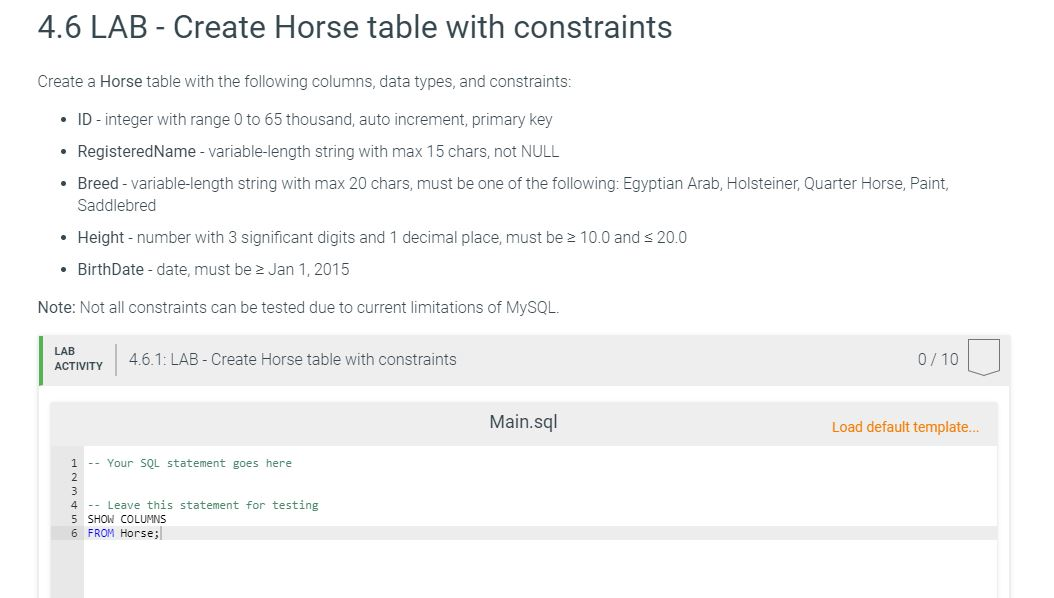 Solved 4 6 Lab Create Horse Table With Constraints Crea Chegg Com