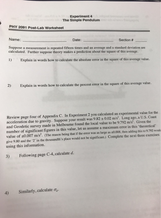 Solved: Experiment 4 The Simple Pendulum PHY 2091 Post-Lab... | Chegg.com