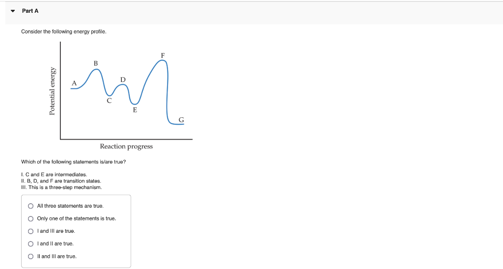 Consider the following energy profile.
Which of the following statements is/are true?
I. C and \( E \) are intermediates.
II.