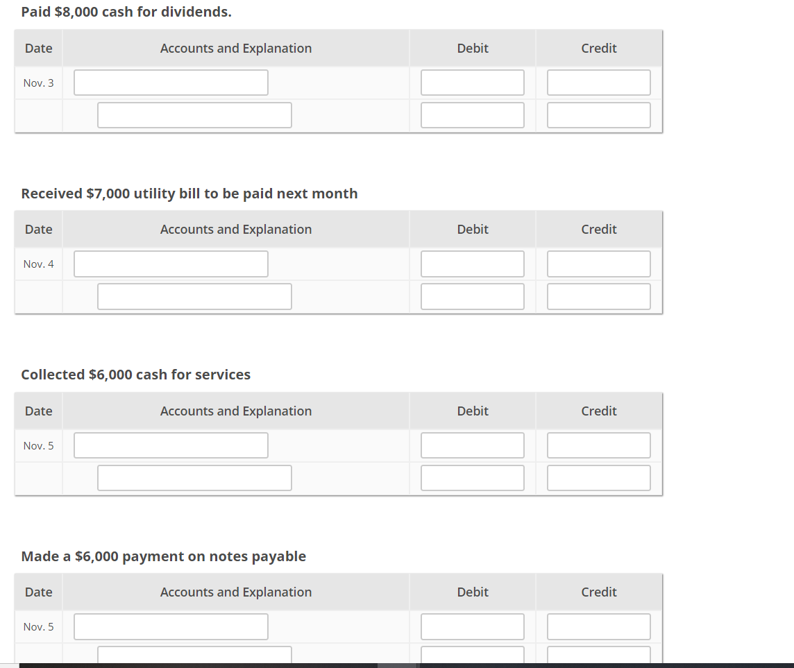 Solved Paid 8,000 cash for dividends. Date Accounts and