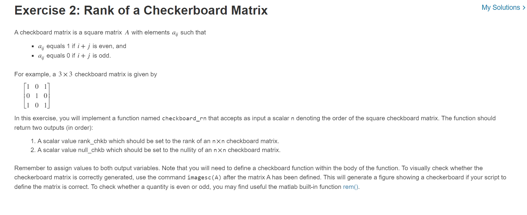 Exercise 2: Rank of a Checkerboard Matrix My | Chegg.com
