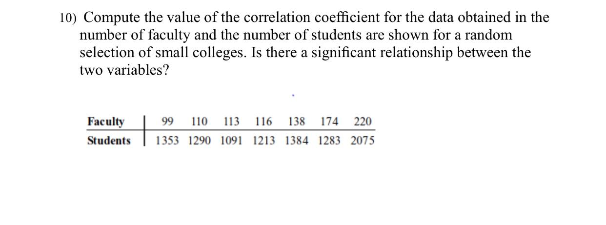 Solved 10) Compute the value of the correlation coefficient | Chegg.com