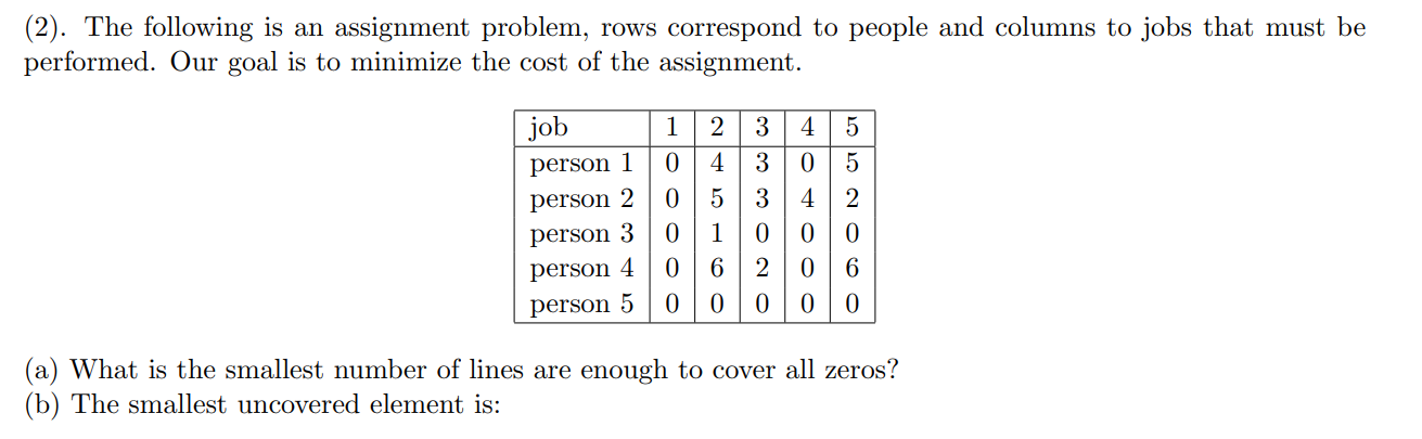Solved (2). The following is an assignment problem, rows | Chegg.com